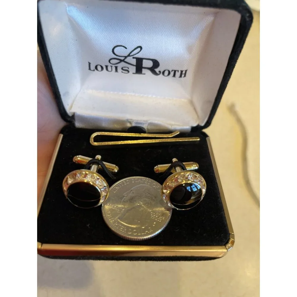 Men's Louis Roth Gold Cufflink Tie Tack Set Round Onyx Surrounded by Crystals